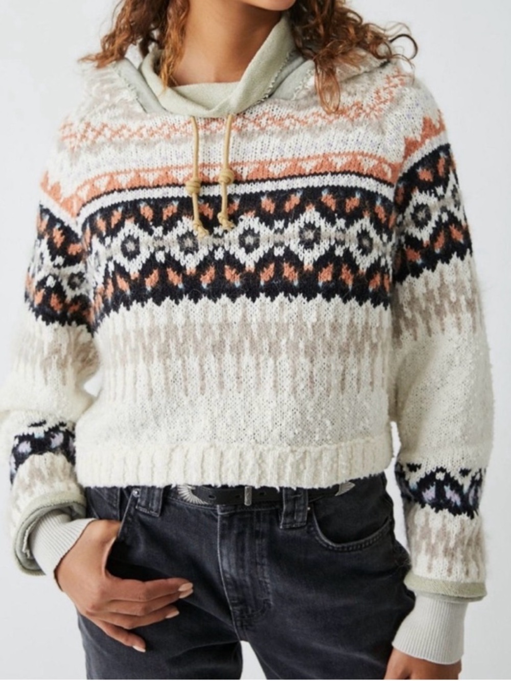 Free People Inverness Women's Cream Fair Isle Hooded Knit Sweater Size XL
